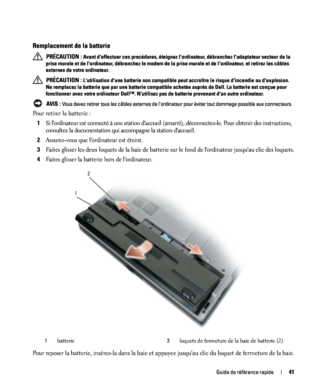 Dell D420 manual Remplacement de la batterie 