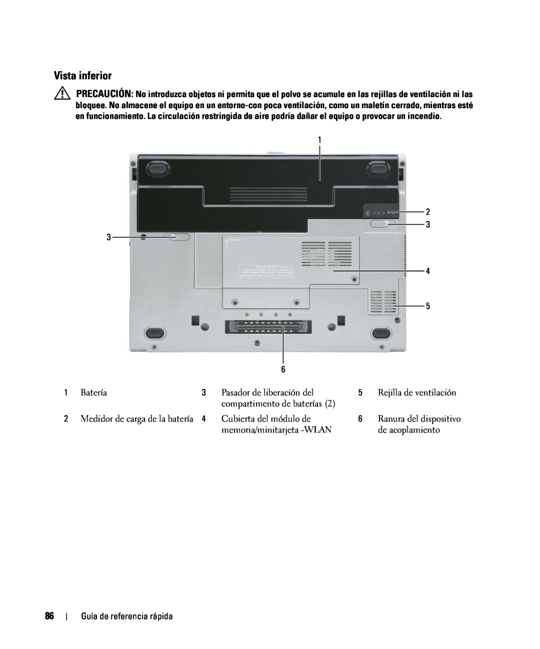 Dell D420 manual Vista inferior, Batería, Pasador de liberación del, Rejilla de ventilación, compartimento de baterías 