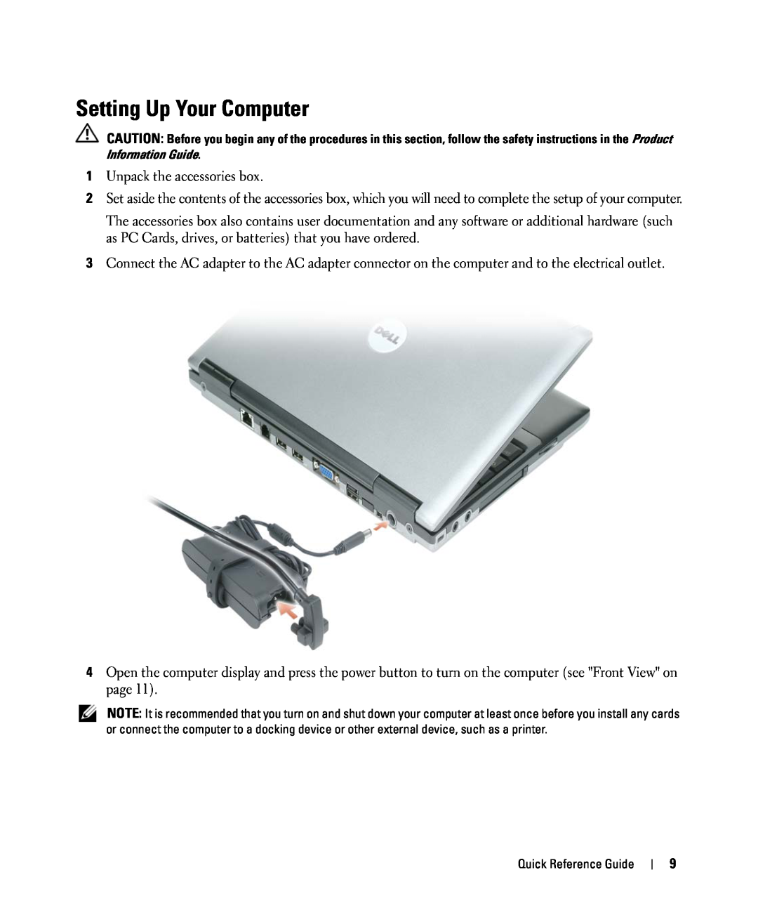 Dell D420 manual Setting Up Your Computer 