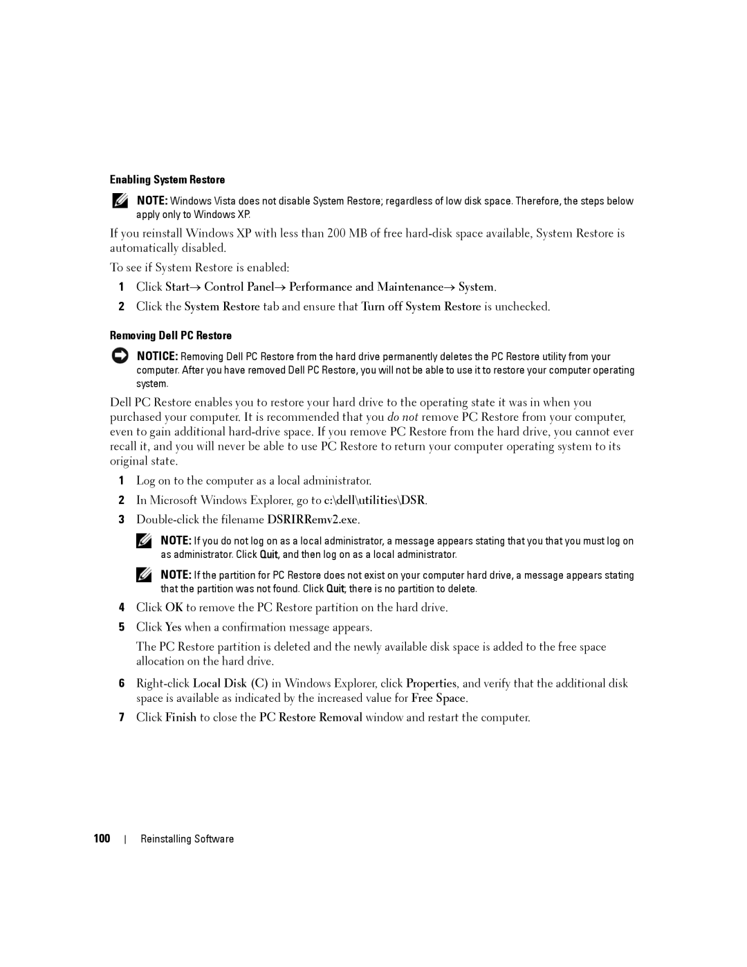 Dell D430 manual Enabling System Restore, Removing Dell PC Restore, 100 