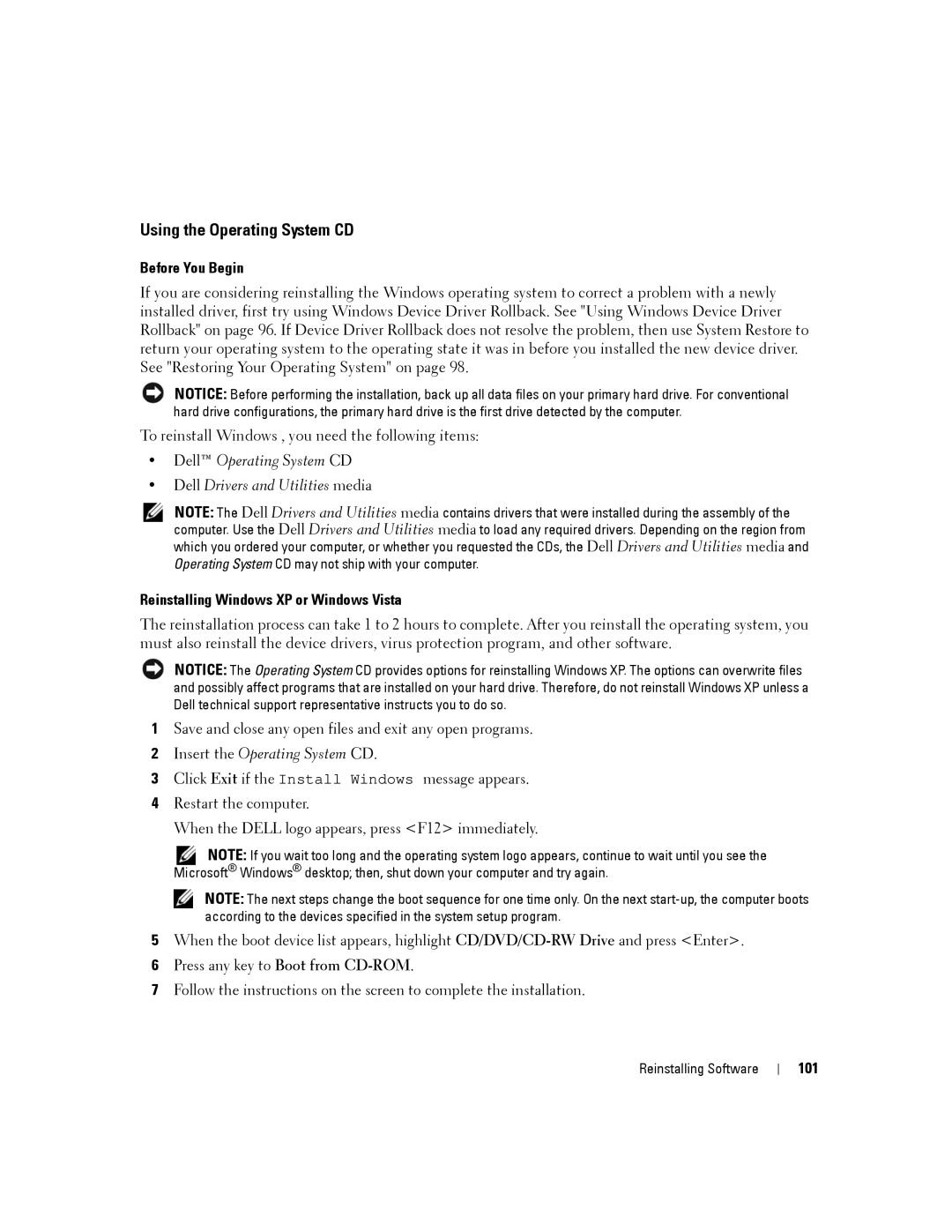 Dell D430 manual Using the Operating System CD, Before You Begin, Reinstalling Windows XP or Windows Vista, 101 