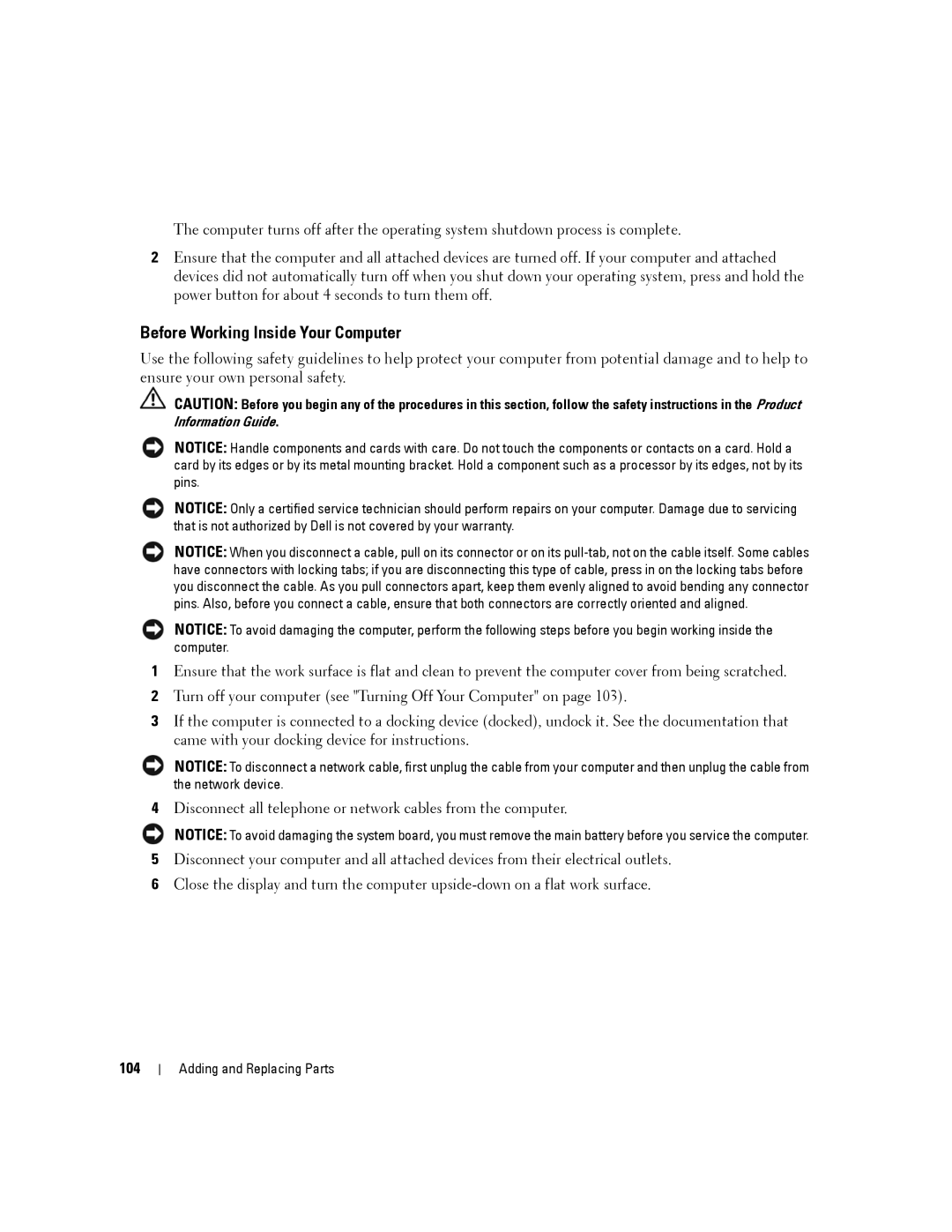 Dell D430 manual Before Working Inside Your Computer, 104 