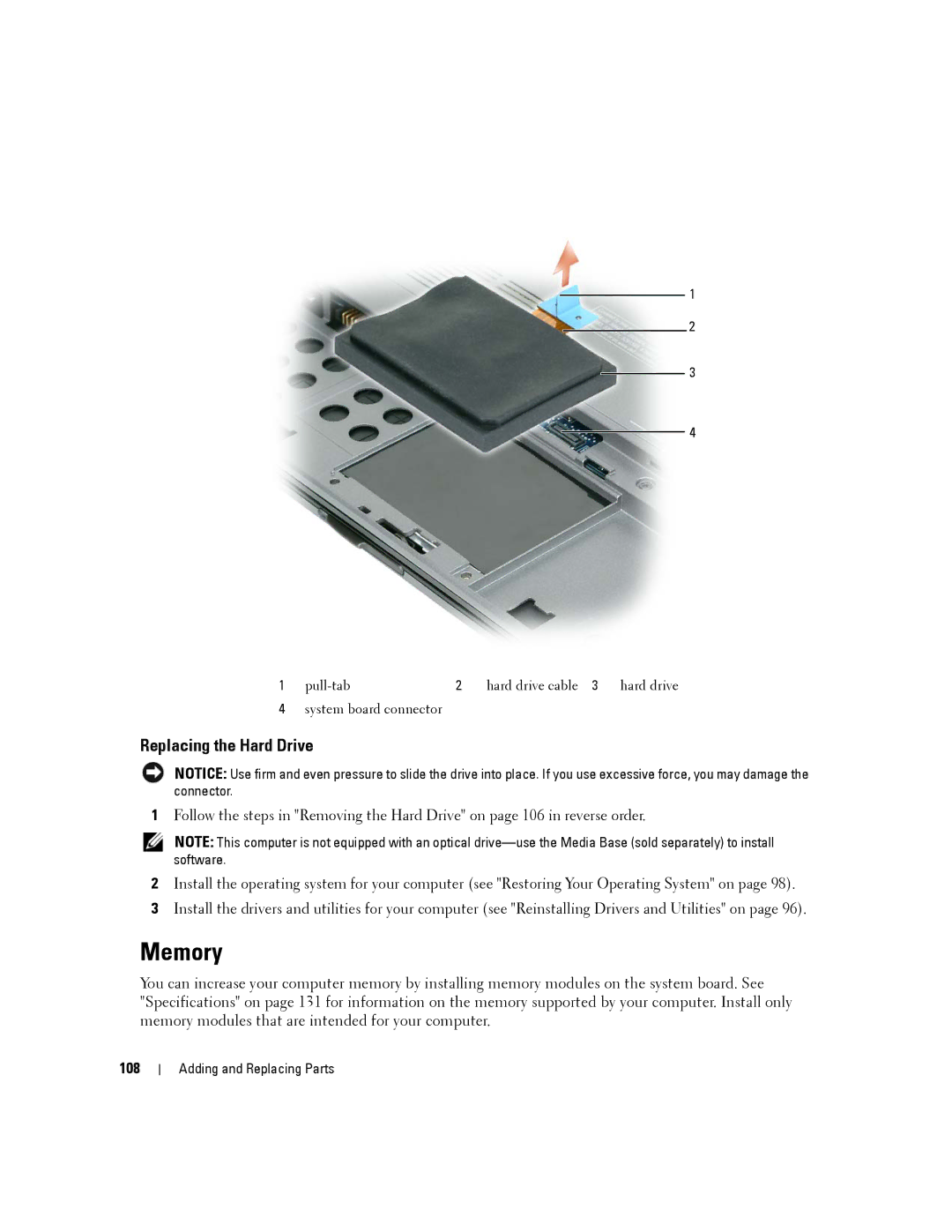 Dell D430 manual Memory, Replacing the Hard Drive, 108 