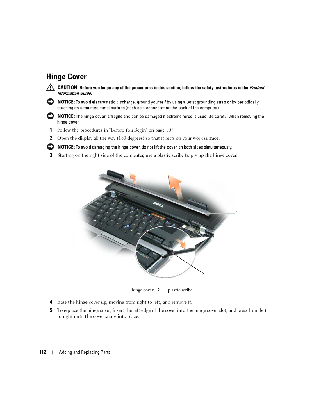 Dell D430 manual Hinge Cover, 112 