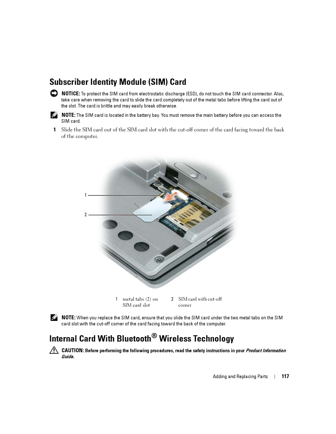 Dell D430 manual Subscriber Identity Module SIM Card, Internal Card With Bluetooth Wireless Technology, 117 