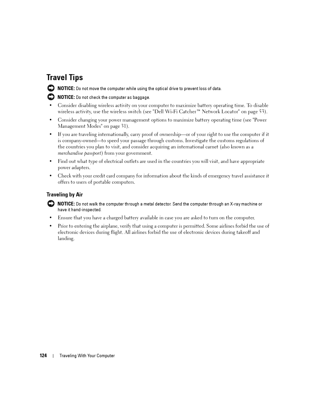 Dell D430 manual Travel Tips, Traveling by Air, 124 