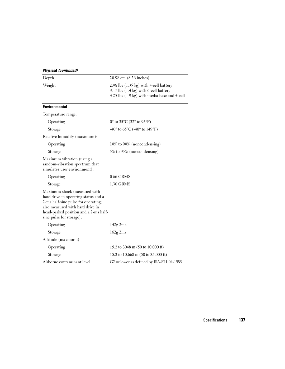 Dell D430 manual 137, Environmental 