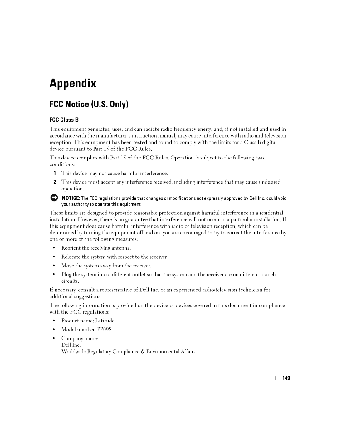 Dell D430 manual Appendix, FCC Notice U.S. Only, FCC Class B, 149 