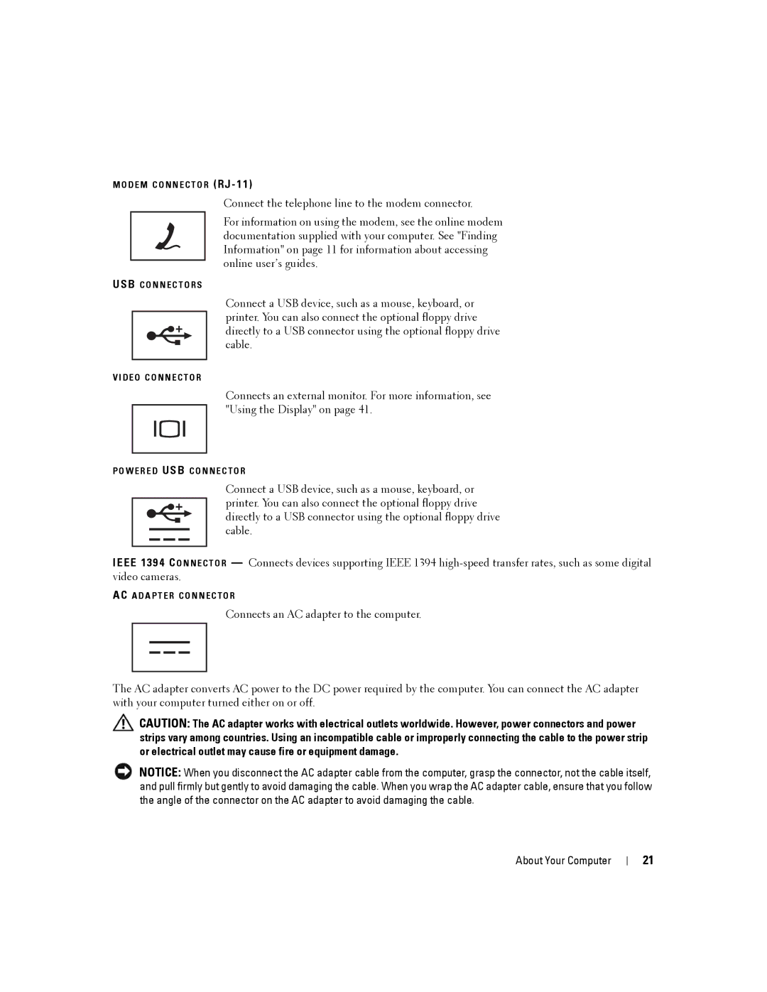 Dell D430 manual Usb C O N N E C T O R S 