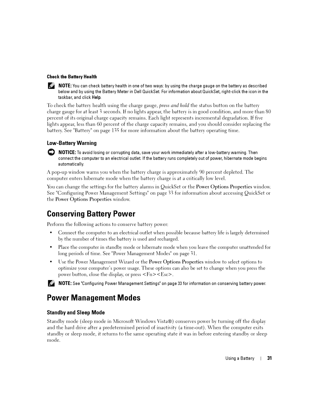 Dell D430 manual Conserving Battery Power, Power Management Modes, Low-Battery Warning, Standby and Sleep Mode 