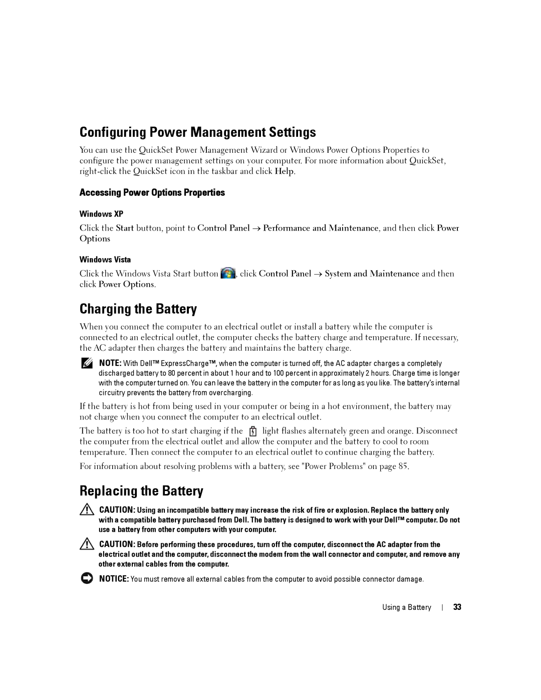 Dell D430 manual Configuring Power Management Settings, Charging the Battery, Replacing the Battery 