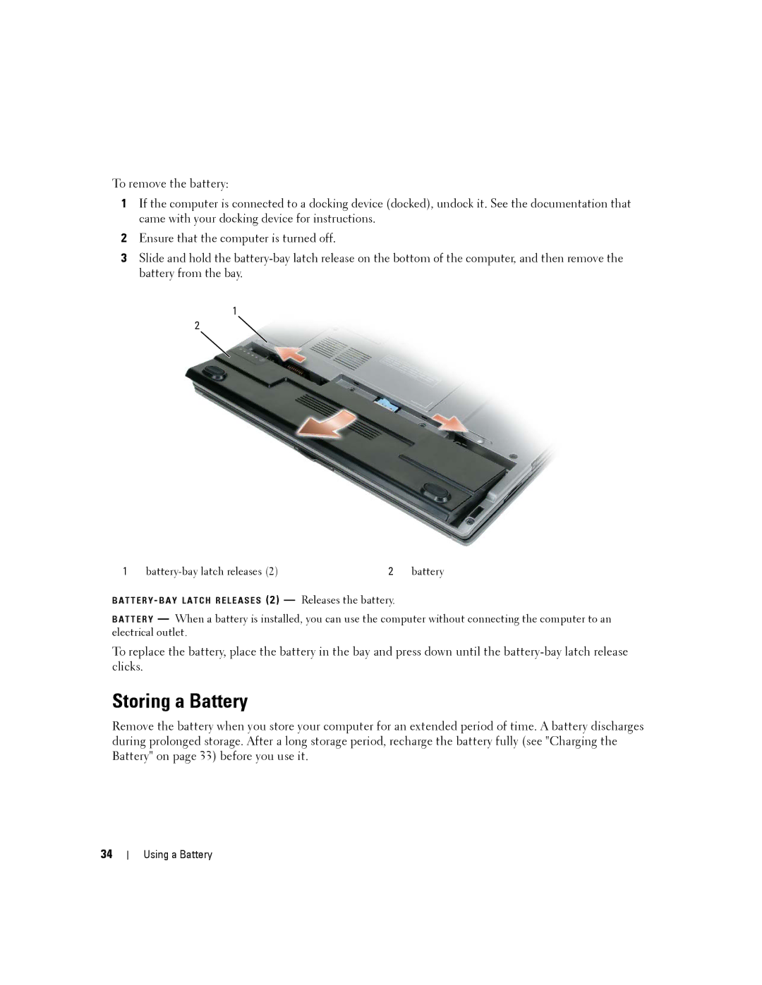 Dell D430 manual Storing a Battery 