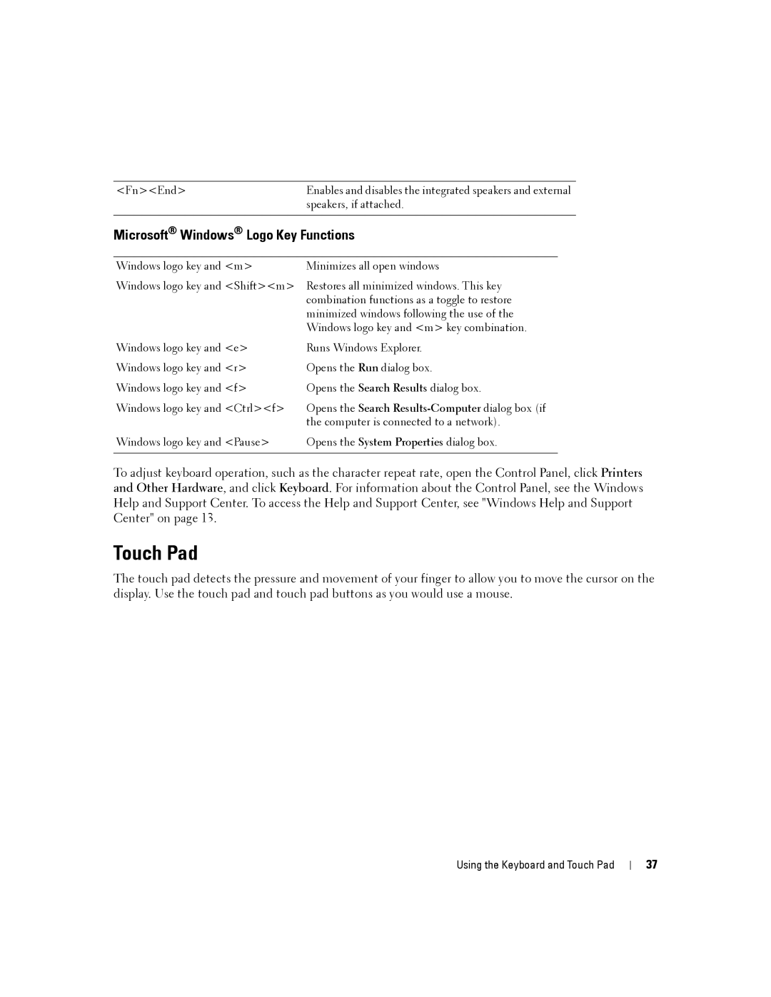 Dell D430 manual Touch Pad, Microsoft Windows Logo Key Functions 