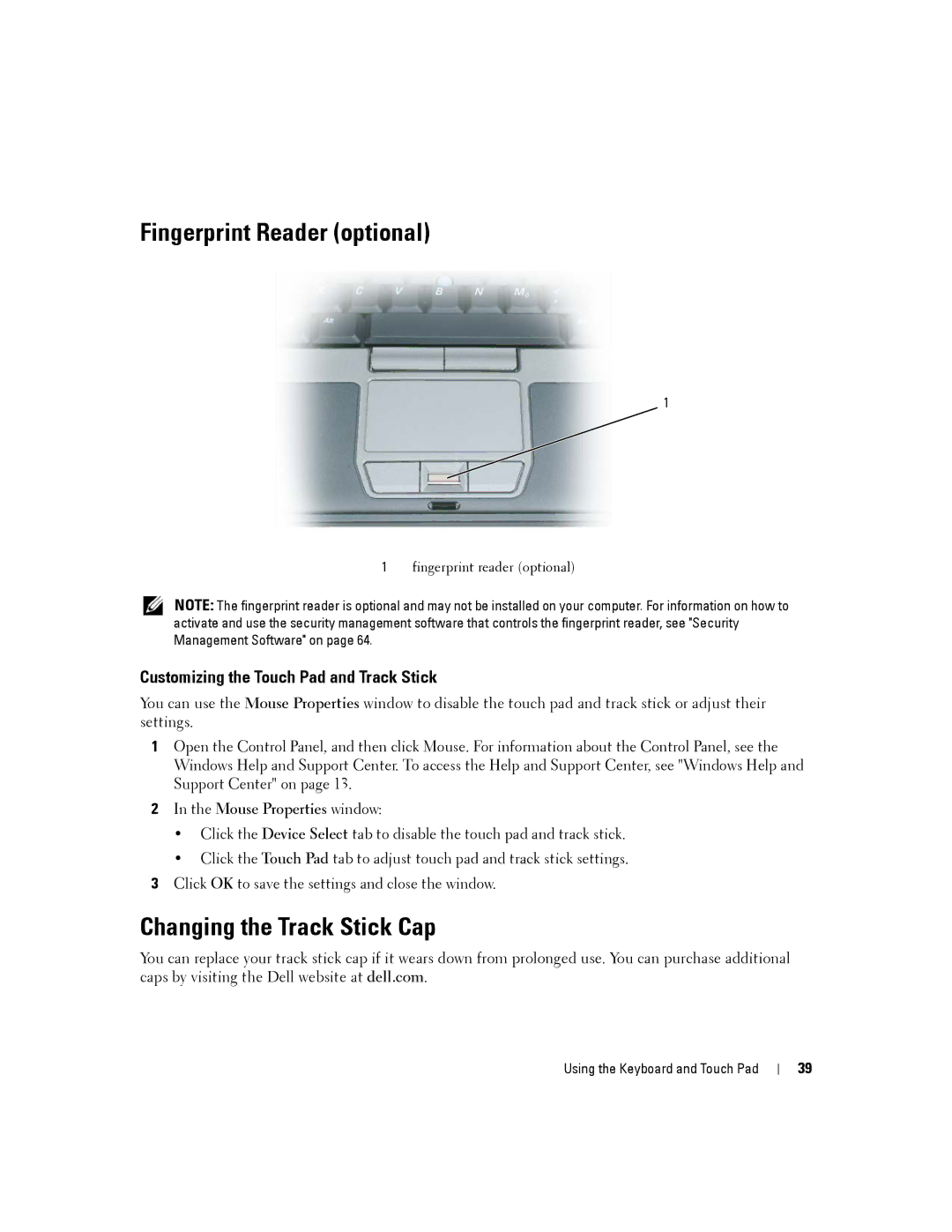 Dell D430 manual Fingerprint Reader optional, Changing the Track Stick Cap, Customizing the Touch Pad and Track Stick 