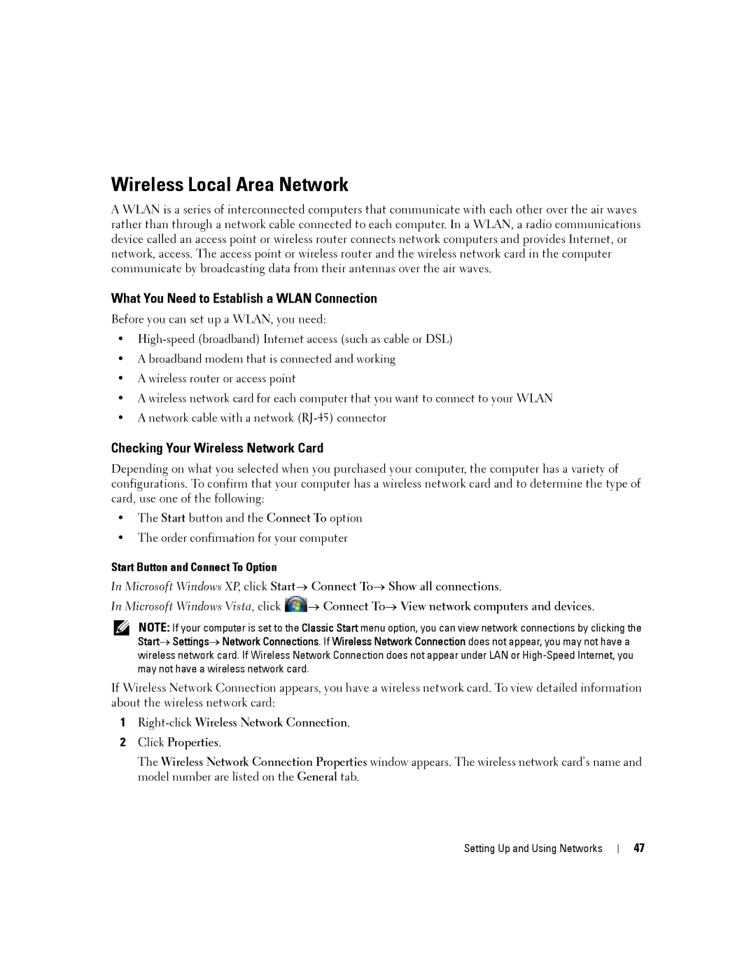 Dell D430 Wireless Local Area Network, What You Need to Establish a Wlan Connection, Checking Your Wireless Network Card 