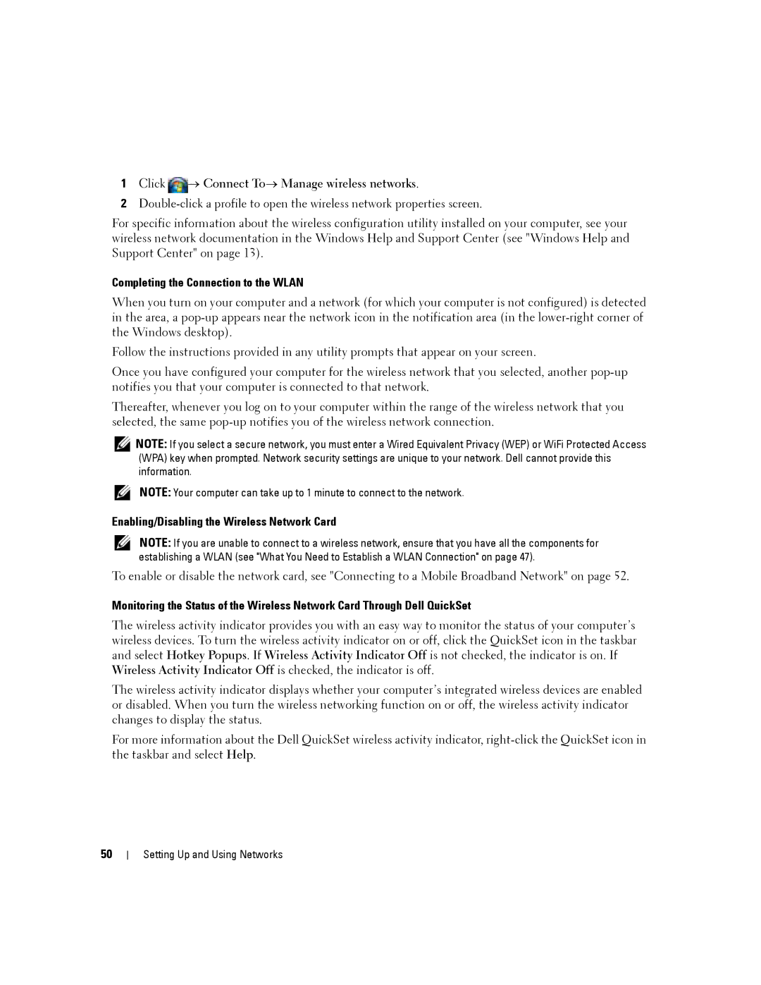 Dell D430 manual Click → Connect To→ Manage wireless networks, Completing the Connection to the Wlan 