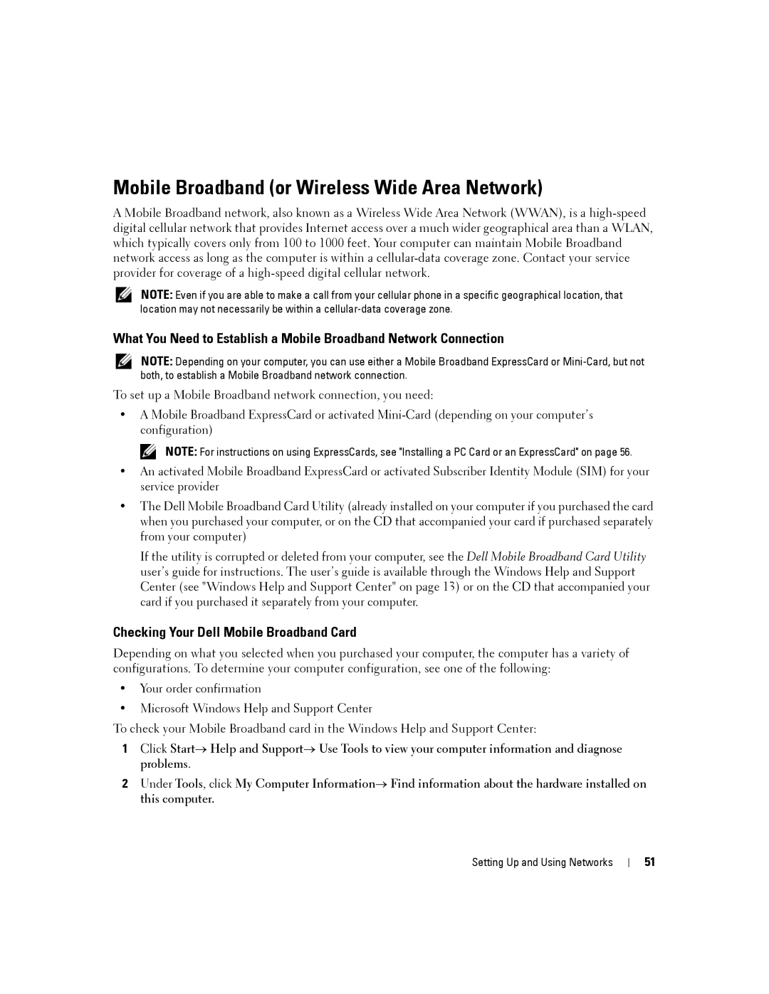 Dell D430 manual Mobile Broadband or Wireless Wide Area Network, Checking Your Dell Mobile Broadband Card 