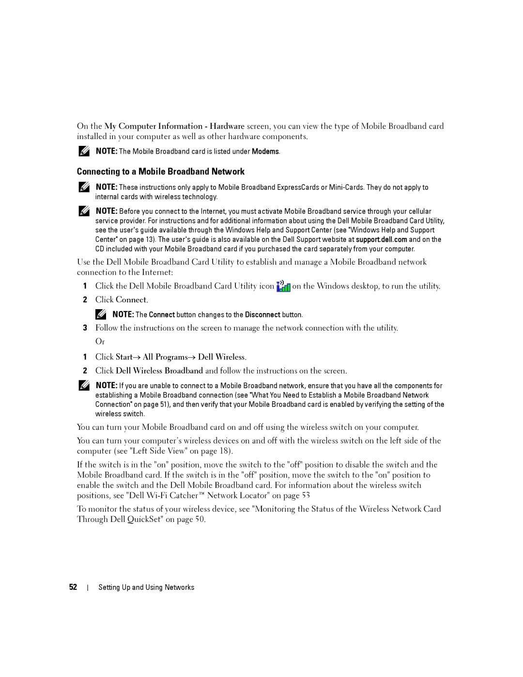 Dell D430 manual Connecting to a Mobile Broadband Network, Click Start→ All Programs→ Dell Wireless 