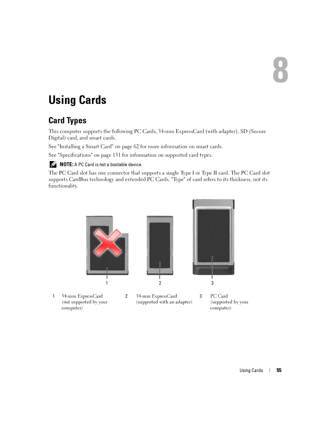 Dell D430 manual Using Cards, Card Types 