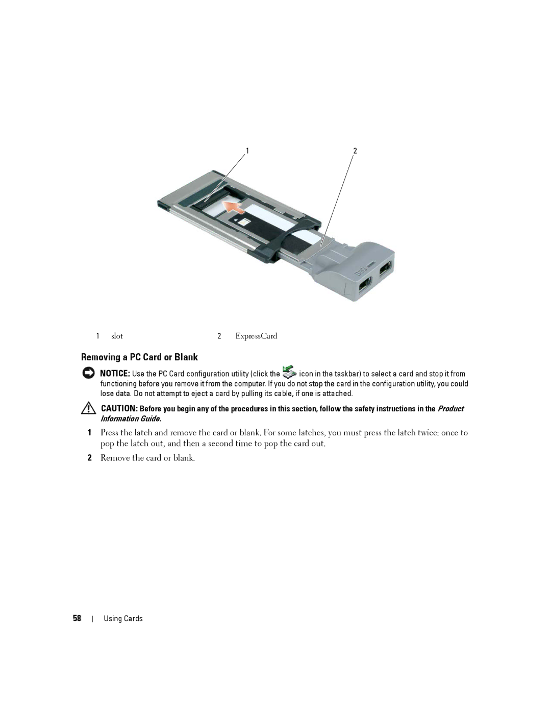 Dell D430 manual Removing a PC Card or Blank 