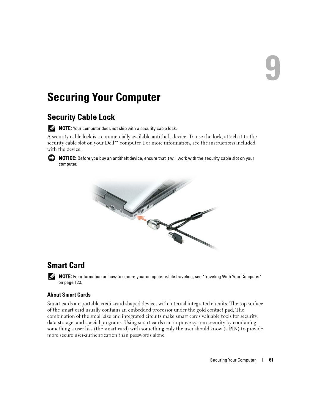 Dell D430 manual Securing Your Computer, Security Cable Lock, About Smart Cards 