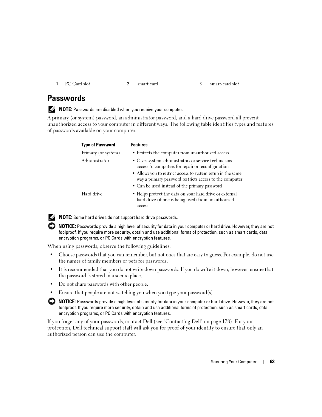 Dell D430 manual Passwords, Type of Password Features 