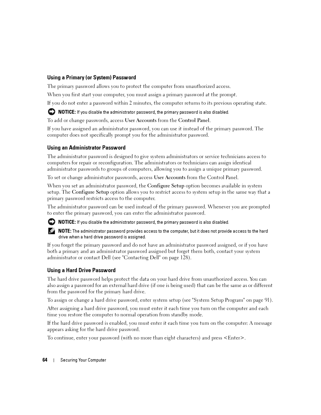 Dell D430 manual Using a Primary or System Password, Using an Administrator Password, Using a Hard Drive Password 