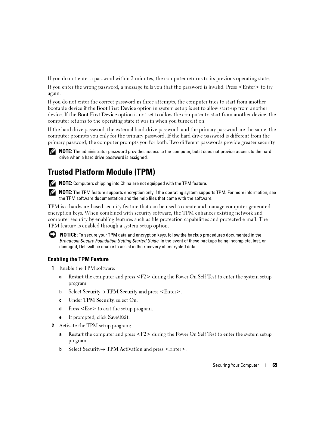 Dell D430 manual Trusted Platform Module TPM, Enabling the TPM Feature 