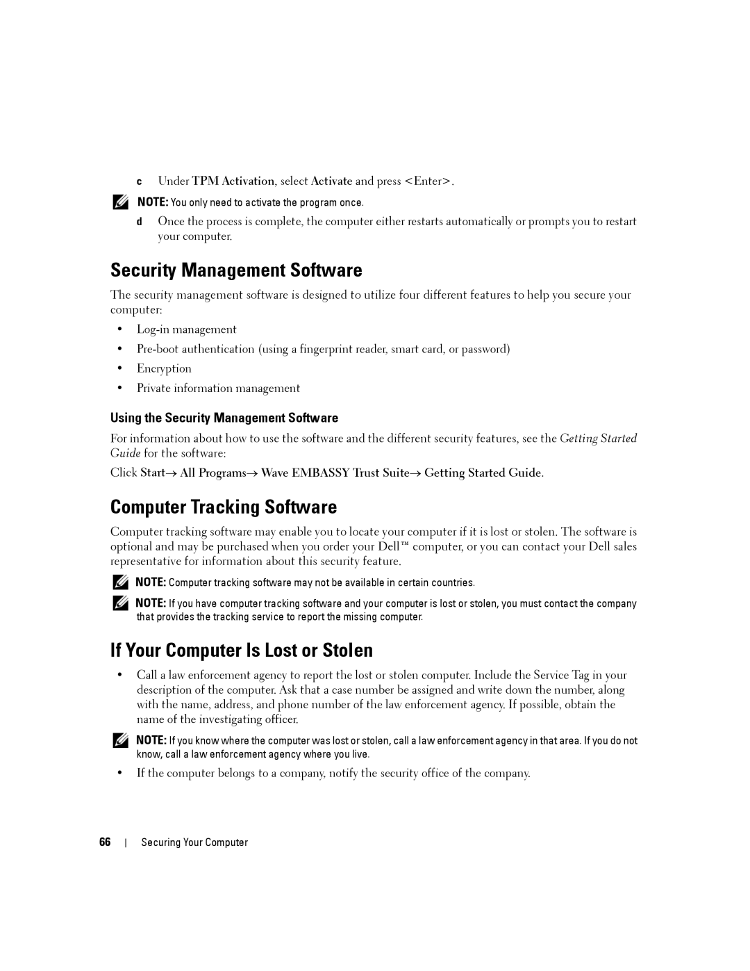 Dell D430 manual Security Management Software, Computer Tracking Software, If Your Computer Is Lost or Stolen 