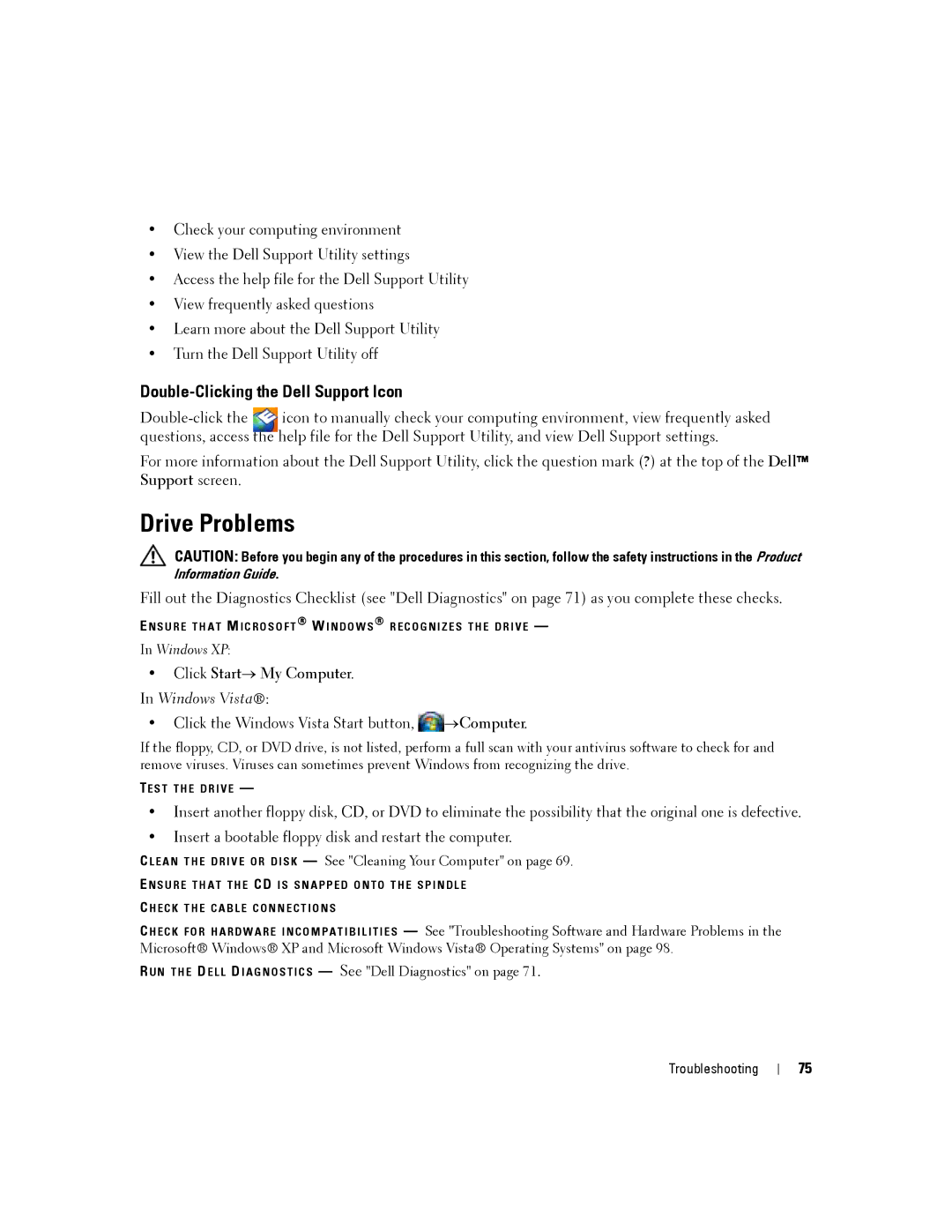 Dell D430 manual Drive Problems, Double-Clicking the Dell Support Icon, Click Start→ My Computer. In Windows Vista 