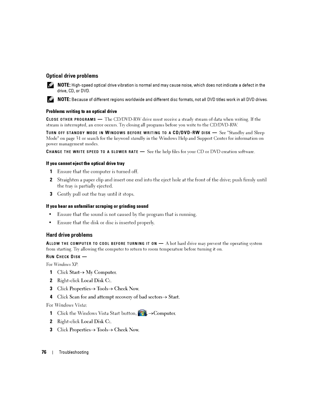 Dell D430 manual Optical drive problems, Hard drive problems, Problems writing to an optical drive 