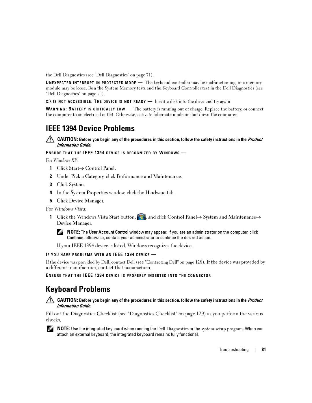 Dell D430 manual Ieee 1394 Device Problems, Keyboard Problems, Click Device Manager 