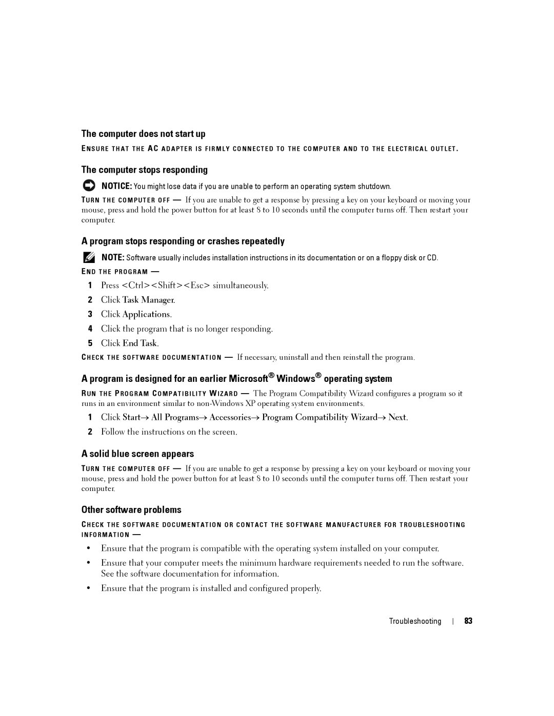 Dell D430 manual Computer does not start up, Computer stops responding, Program stops responding or crashes repeatedly 