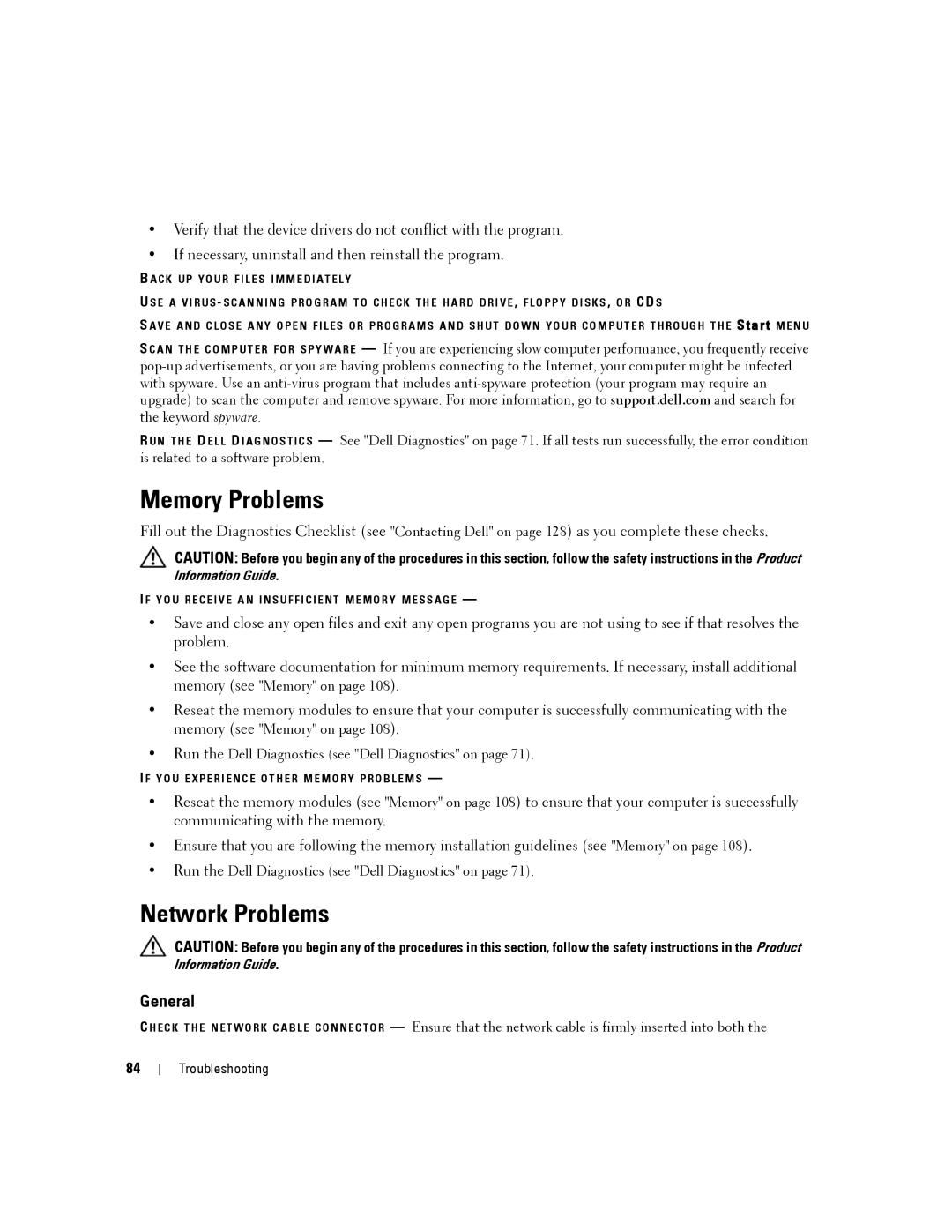 Dell D430 manual Memory Problems, Network Problems, General 
