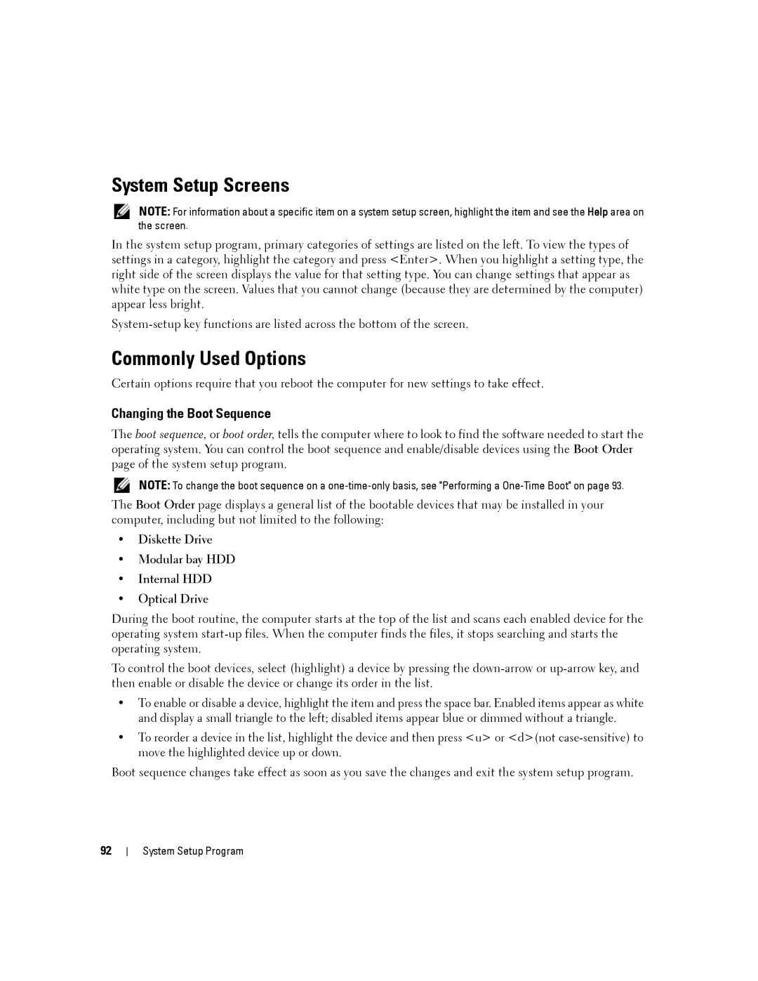 Dell D430 manual System Setup Screens, Commonly Used Options, Changing the Boot Sequence 