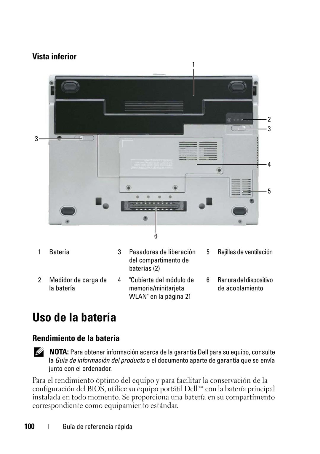 Dell D430 manual Uso de la batería, Vista inferior, Rendimiento de la batería, 100 