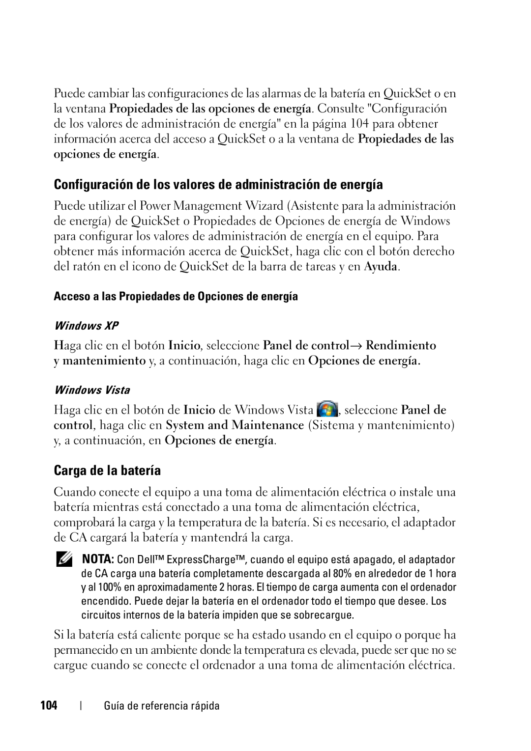 Dell D430 manual Configuración de los valores de administración de energía, Carga de la batería, 104 