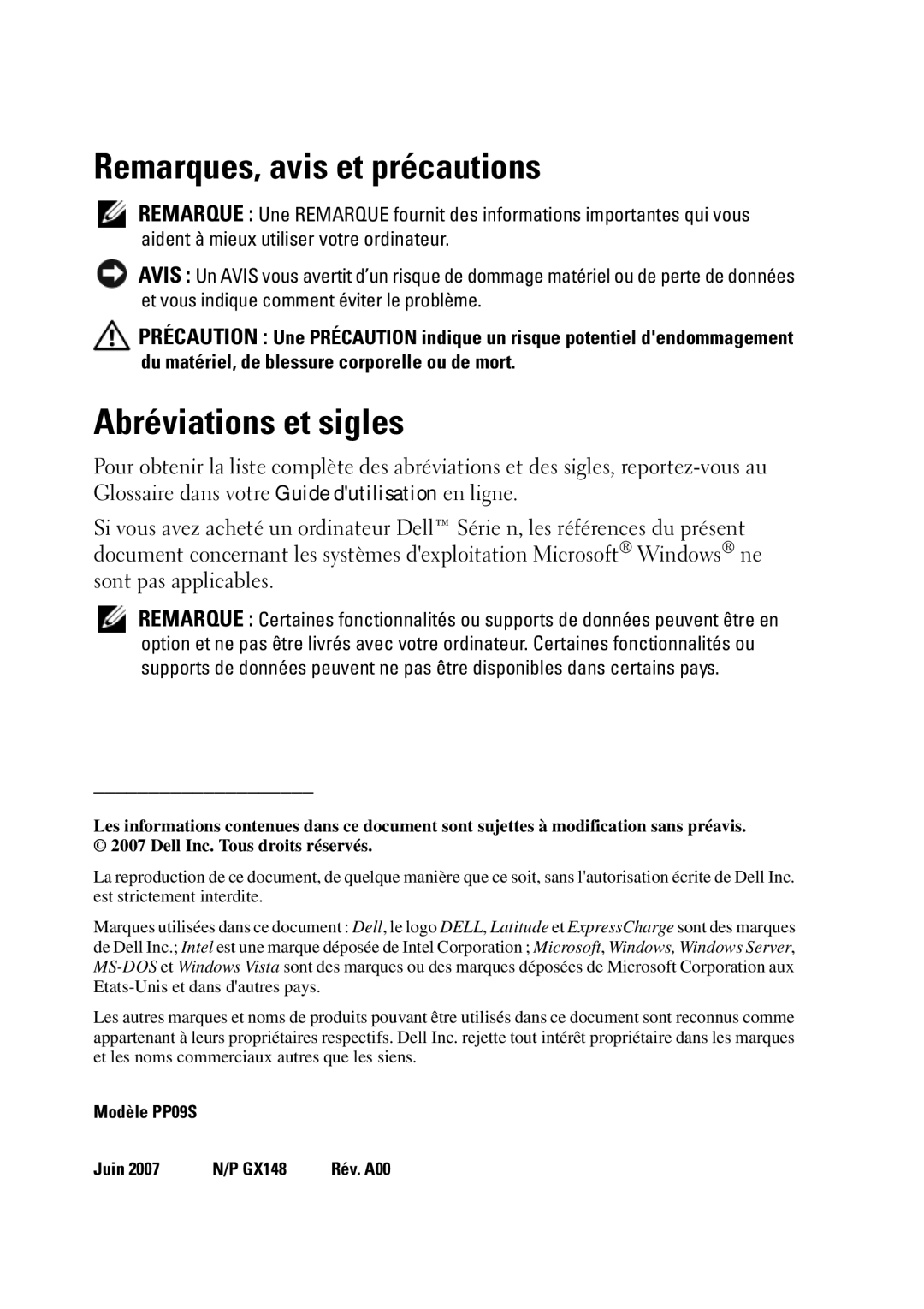 Dell D430 manual Remarques, avis et précautions, Abréviations et sigles 