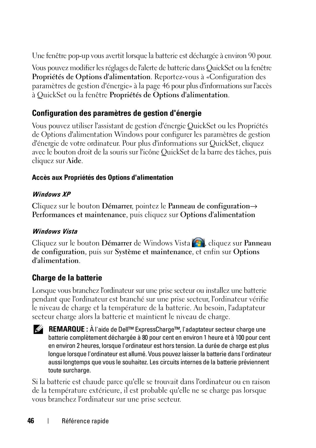 Dell D430 manual Configuration des paramètres de gestion dénergie, Charge de la batterie 