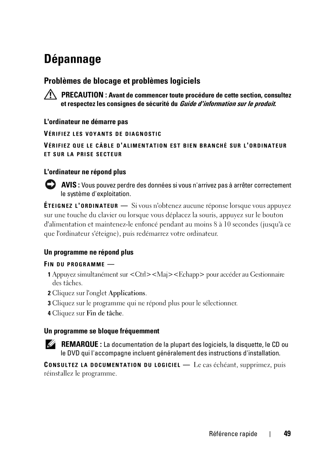 Dell D430 manual Dépannage, Problèmes de blocage et problèmes logiciels 