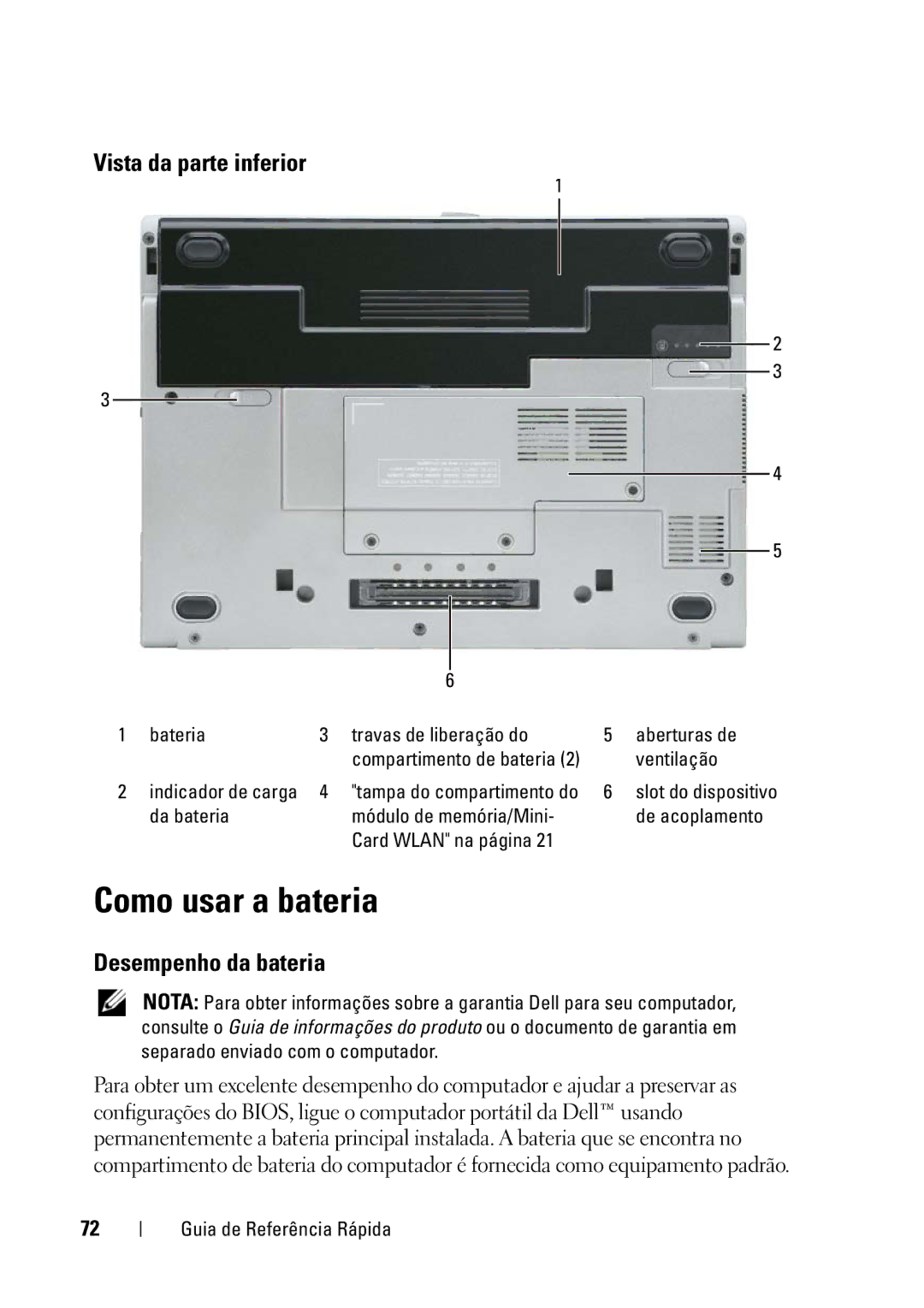 Dell D430 manual Como usar a bateria, Vista da parte inferior, Desempenho da bateria 