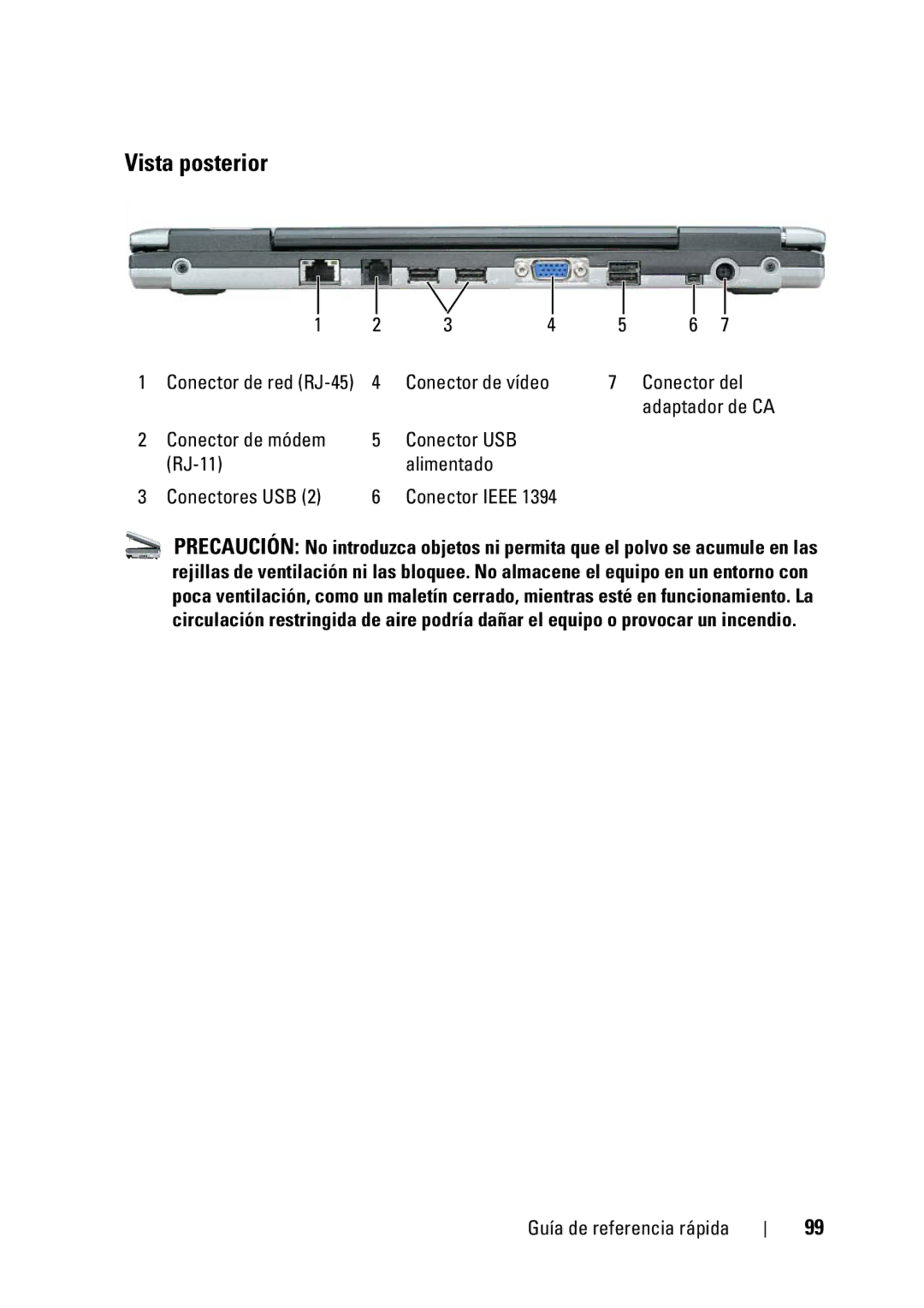 Dell D430 manual Vista posterior, Conector de vídeo Conector del, Conector de módem, RJ-11 Alimentado Conectores USB 