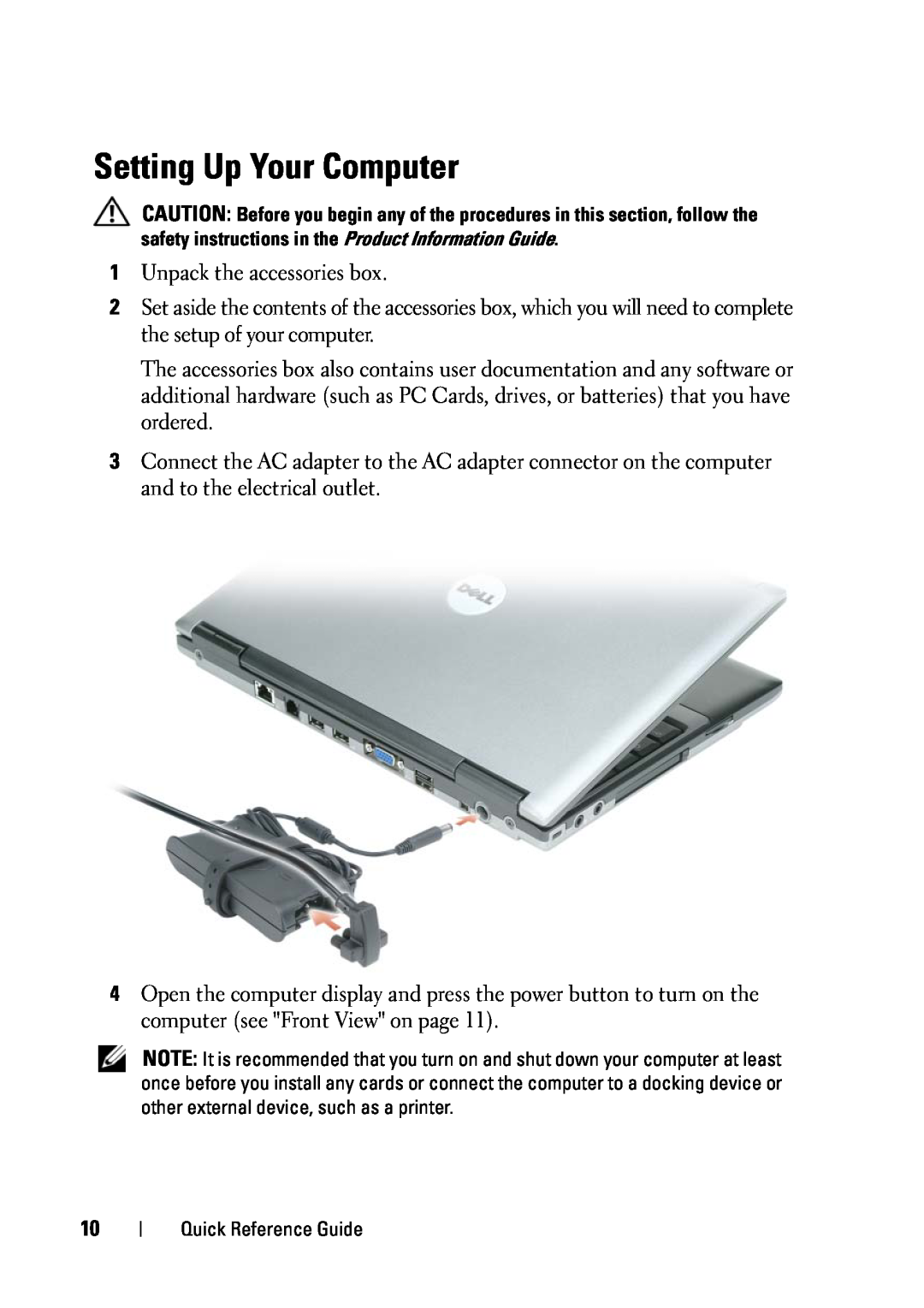 Dell D430 manual Setting Up Your Computer 