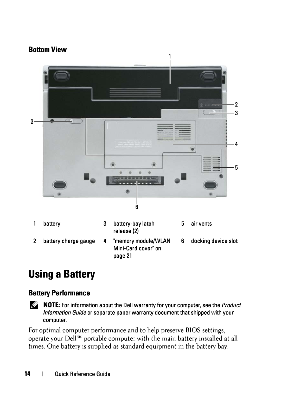 Dell D430 manual Using a Battery, Bottom View, Battery Performance 