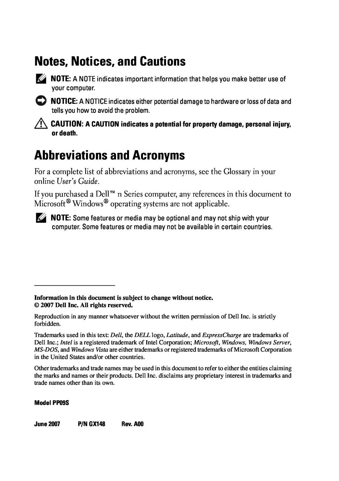 Dell D430 manual Notes, Notices, and Cautions, Abbreviations and Acronyms, Model PP09S, June, P/N GX148 