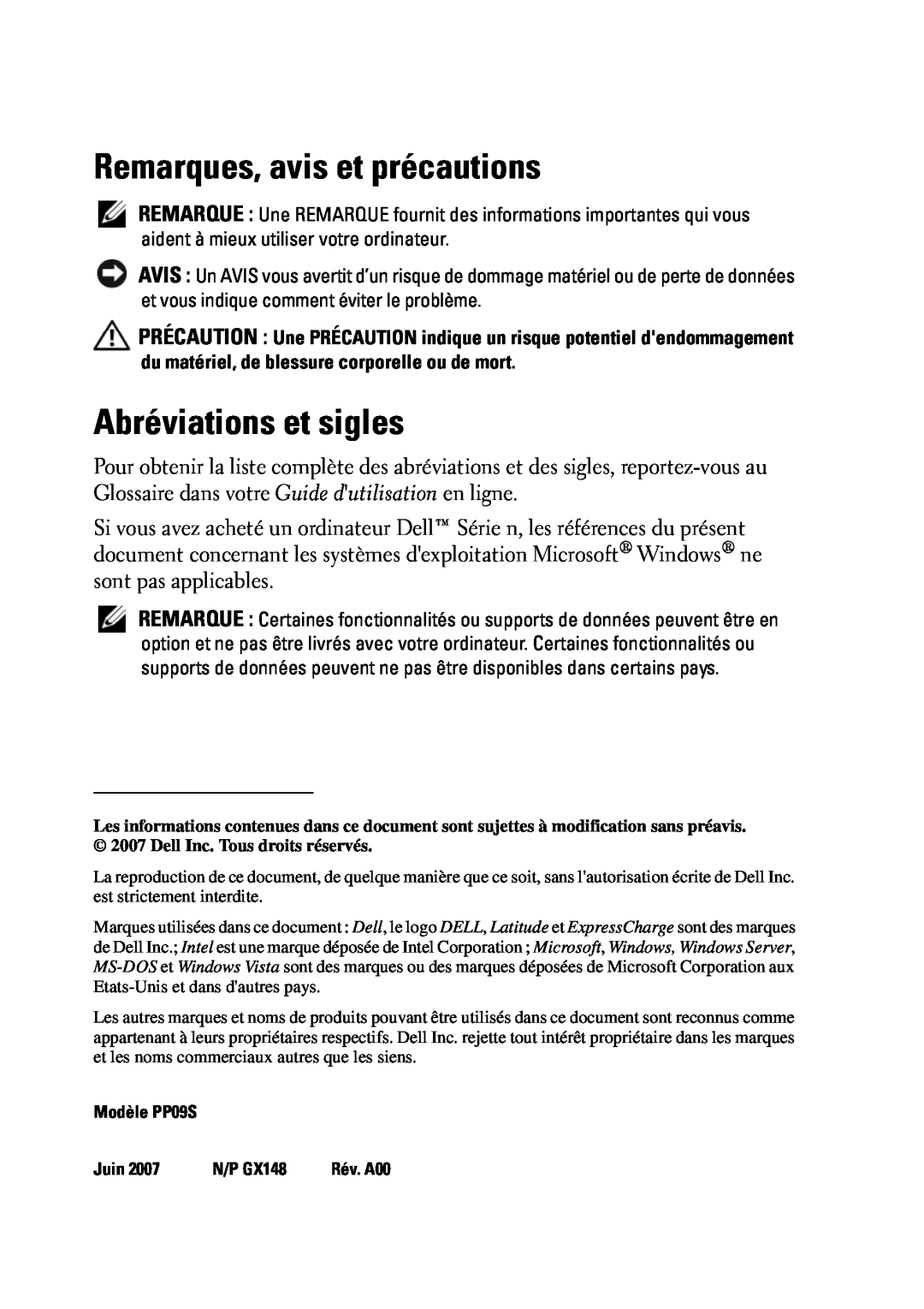Dell D430 manual Remarques, avis et précautions, Abréviations et sigles, Modèle PP09S, Juin, N/P GX148 