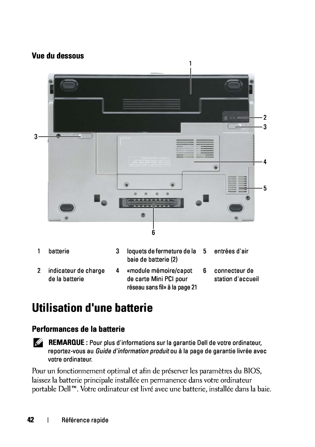 Dell D430 manual Utilisation dune batterie, Vue du dessous, Performances de la batterie 
