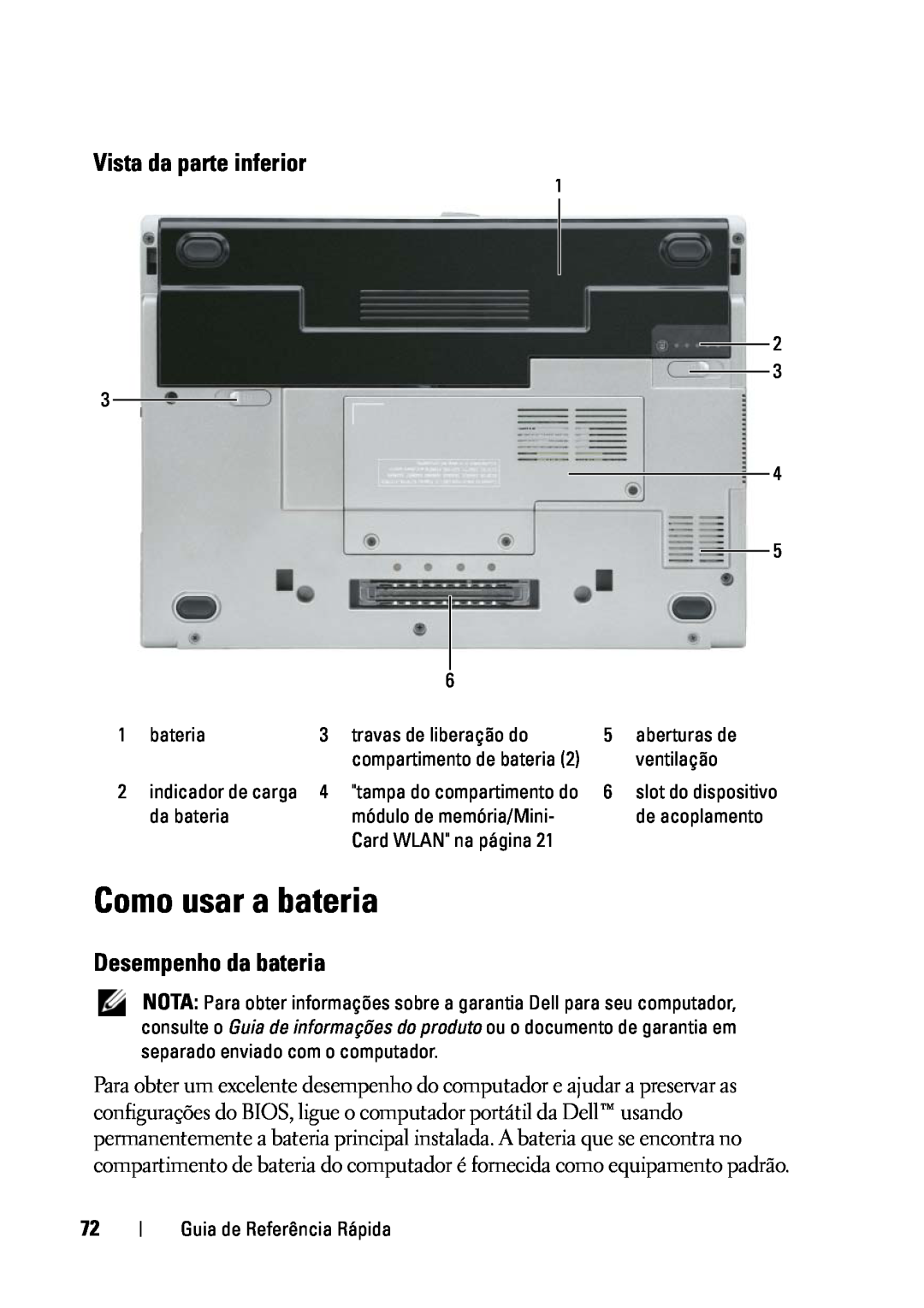 Dell D430 manual Como usar a bateria, Vista da parte inferior, Desempenho da bateria 
