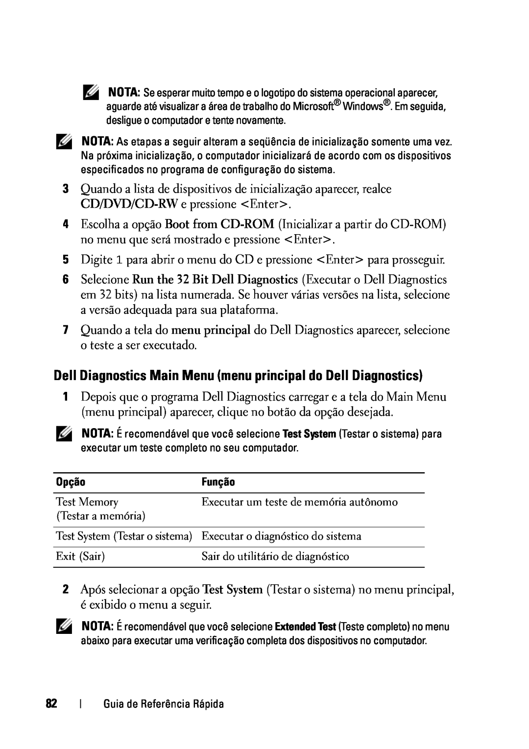 Dell D430 manual Dell Diagnostics Main Menu menu principal do Dell Diagnostics 