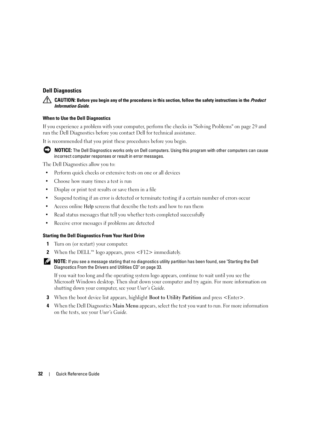 Dell D490 manual Dell Diagnostics 